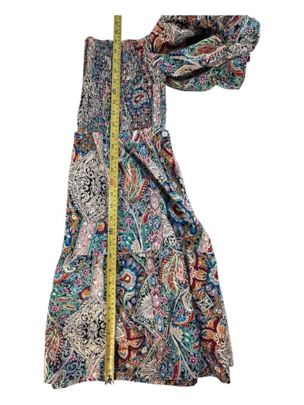 Bohemian Paisley Puff Sleeve Multi-Colour Summer Smocked Mini Dress - L - Picture 10 of 13